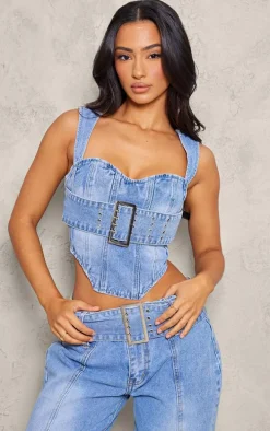 Petite Light Blue Denim Buckle Detail Corset Top
