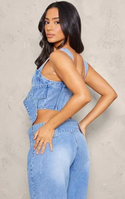 Petite Light Blue Denim Buckle Detail Corset Top