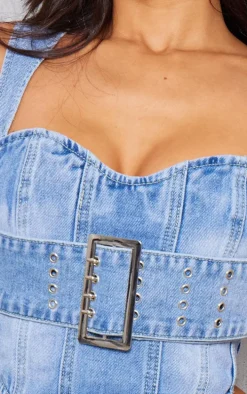 Petite Light Blue Denim Buckle Detail Corset Top
