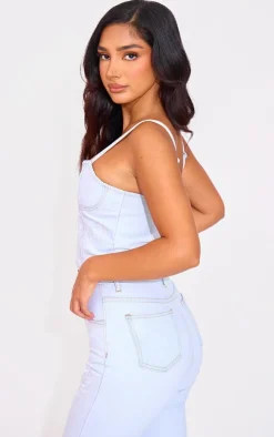 Petite Light Blue Denim Embroidered Corset