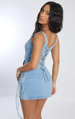 Petite Light Blue Denim Lace Up Corset Top