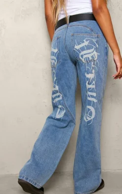 Petite Light Blue Denim Print Detail Wide Leg Jeans