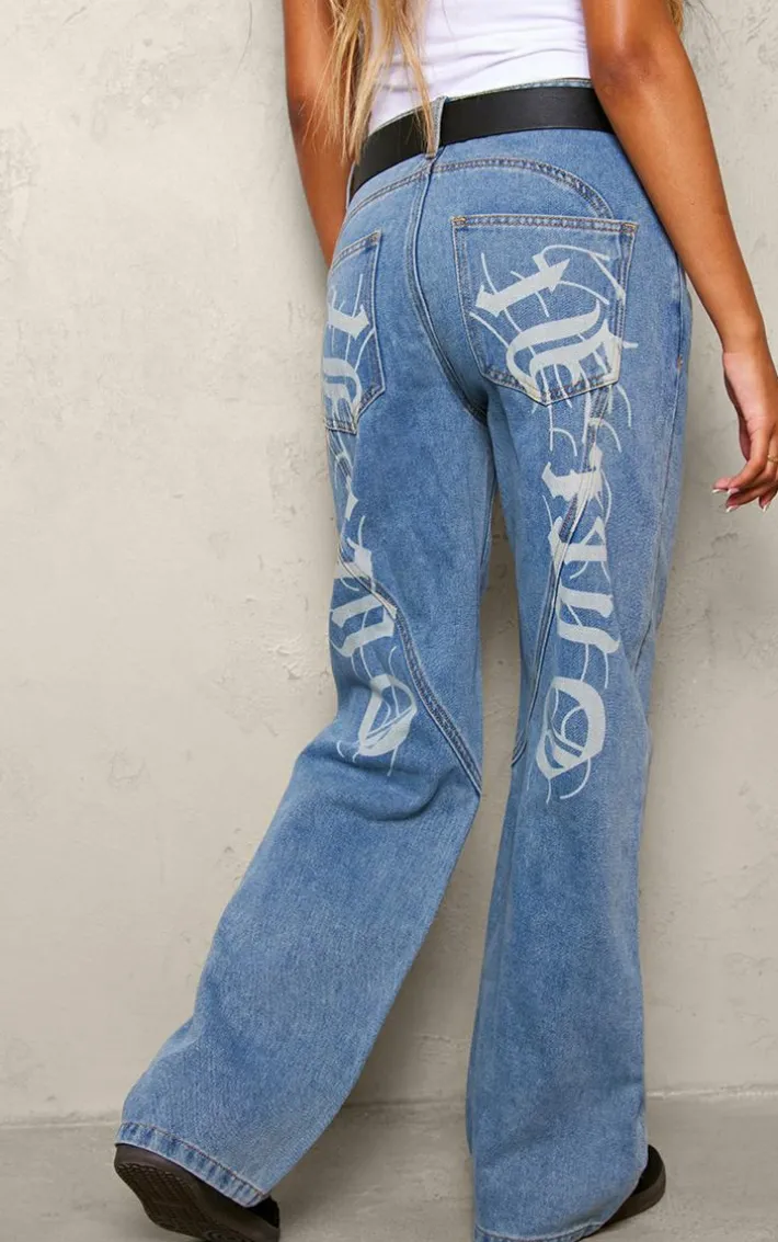 Petite Light Blue Denim Print Detail Wide Leg Jeans