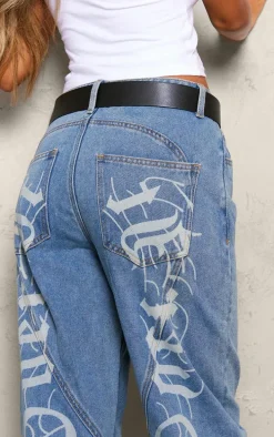 Petite Light Blue Denim Print Detail Wide Leg Jeans