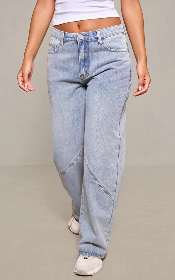 Petite Light Blue Denim Seam Detail Straight Leg Jeans