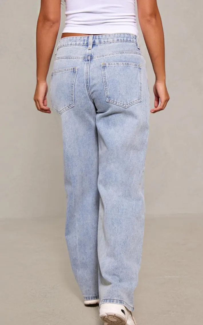 Petite Light Blue Denim Seam Detail Straight Leg Jeans