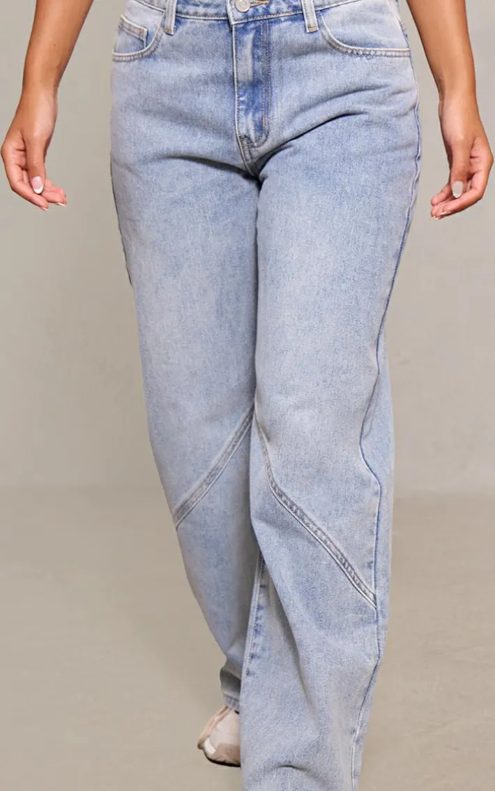 Petite Light Blue Denim Seam Detail Straight Leg Jeans