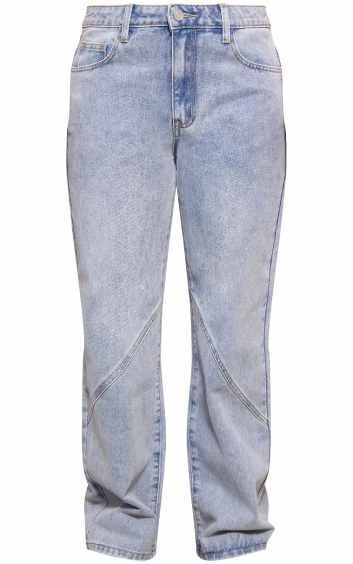 Petite Light Blue Denim Seam Detail Straight Leg Jeans