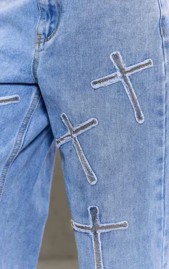 Petite Light Blue Distressed Cross Detail Straight Leg Denim Jeans