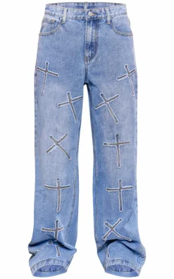 Petite Light Blue Distressed Cross Detail Straight Leg Denim Jeans