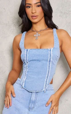 Petite Light Blue Embroidered Square Neck Corset Top