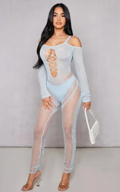 Petite Light Blue Knitted Sheer Jumpsuit
