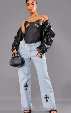 Petite Light Blue Wash Cross Applique Straight Leg Jeans