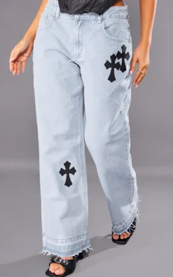 Petite Light Blue Wash Cross Applique Straight Leg Jeans