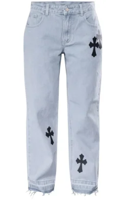 Petite Light Blue Wash Cross Applique Straight Leg Jeans