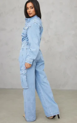 Petite Light Blue Wash Denim Cargo Wide Leg Jumpsuit