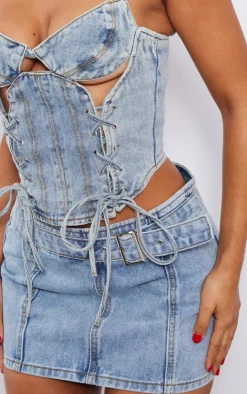 Petite Light Blue Wash Denim Buckle Detail Mini Skirt