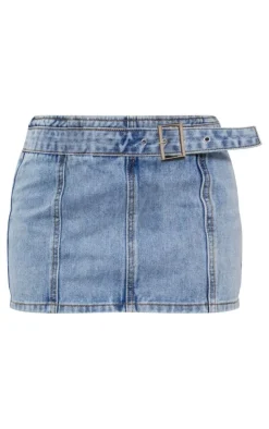 Petite Light Blue Wash Denim Buckle Detail Mini Skirt