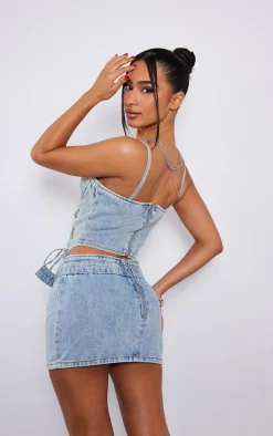 Petite Light Blue Wash Denim Lace Up Corset