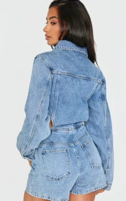 Petite Light Blue Wash Denim Cut Out Romper