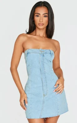 Petite Light Blue Wash Denim Bandeau Mini Dress