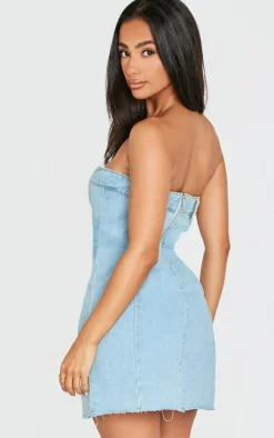 Petite Light Blue Wash Denim Bandeau Mini Dress
