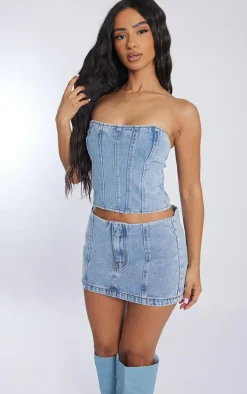 Petite Light Blue Wash Denim Micro Mini Skirt