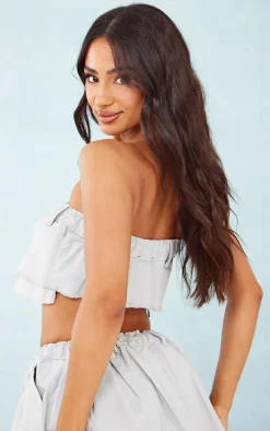 Petite Light Blue Wash Denim Button Front Crop Top