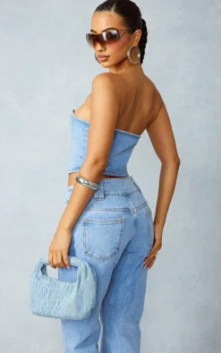 Petite Light Blue Wash Denim Hook And Eye Corset Top