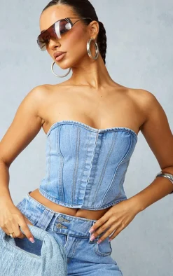 Petite Light Blue Wash Denim Hook And Eye Corset Top