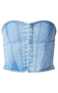Petite Light Blue Wash Denim Hook And Eye Corset Top