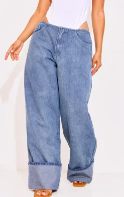 Petite Light Blue Wash Denim Turn Up Low Rise Wide Leg Jeans