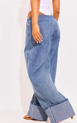 Petite Light Blue Wash Denim Turn Up Low Rise Wide Leg Jeans