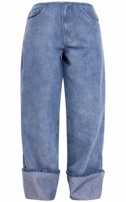 Petite Light Blue Wash Denim Turn Up Low Rise Wide Leg Jeans