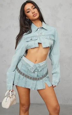 Petite Light Blue Wash Distressed Button Front Denim Micro Mini Skirt