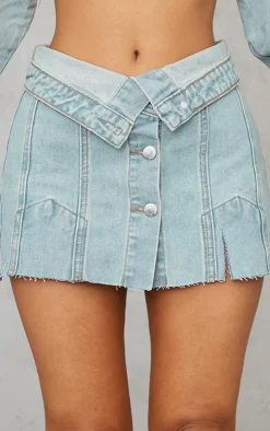 Petite Light Blue Wash Distressed Button Front Denim Micro Mini Skirt