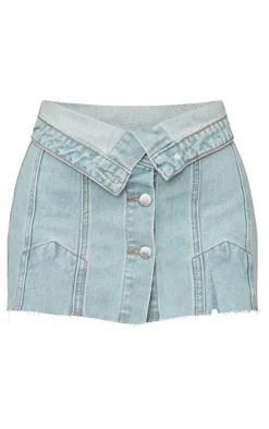 Petite Light Blue Wash Distressed Button Front Denim Micro Mini Skirt