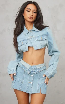 Petite Light Blue Wash Distressed Super Cropped Denim Jacket