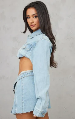 Petite Light Blue Wash Distressed Super Cropped Denim Jacket
