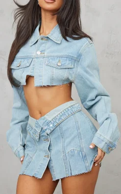 Petite Light Blue Wash Distressed Super Cropped Denim Jacket
