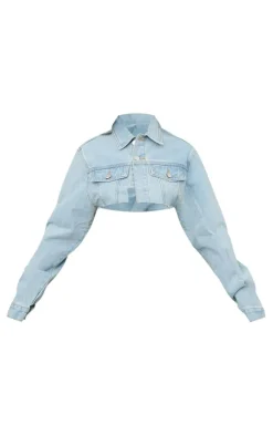 Petite Light Blue Wash Distressed Super Cropped Denim Jacket
