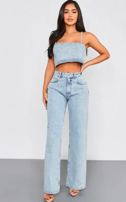 Petite Light Blue Wash Diamante Denim Straight Neck Crop Top