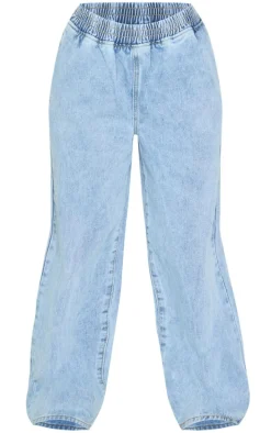 Petite Light Blue Wash Elasticated Wide Leg Jeans