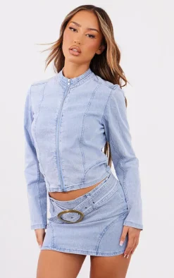Petite Light Blue Wash Fitted Cropped Denim Jacket