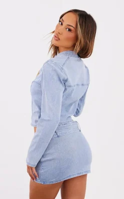 Petite Light Blue Wash Fitted Cropped Denim Jacket