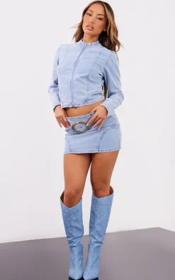 Petite Light Blue Wash Fitted Cropped Denim Jacket