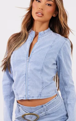 Petite Light Blue Wash Fitted Cropped Denim Jacket