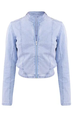Petite Light Blue Wash Fitted Cropped Denim Jacket