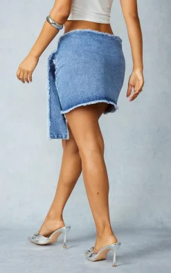 Petite Light Blue Wash Frayed Belt Detail Denim Mini Skirt