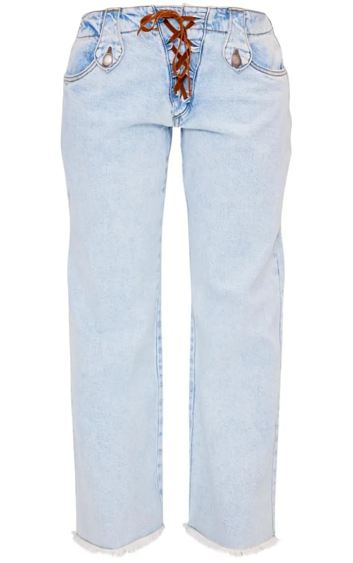 Petite Light Blue Wash Low Rise Lace Up Wide Leg Jeans